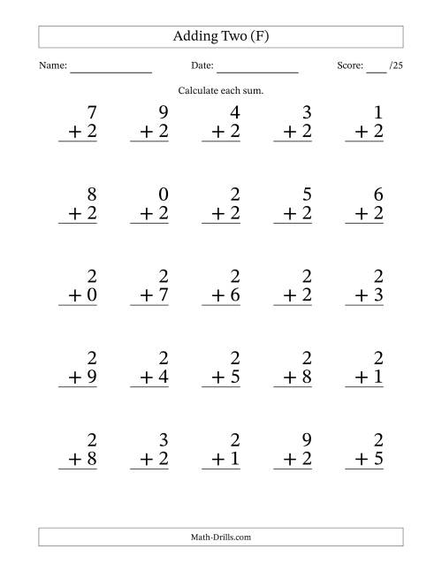 The Adding Two to Single-Digit Numbers – 25 Large Print Questions (F) Math Worksheet