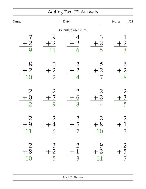 The Adding Two to Single-Digit Numbers – 25 Large Print Questions (F) Math Worksheet Page 2