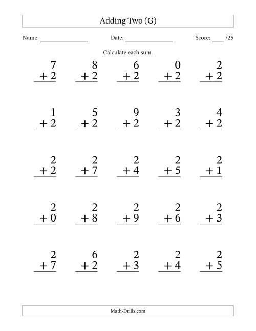 The Adding Two to Single-Digit Numbers – 25 Large Print Questions (G) Math Worksheet