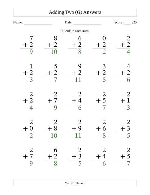 The Adding Two to Single-Digit Numbers – 25 Large Print Questions (G) Math Worksheet Page 2