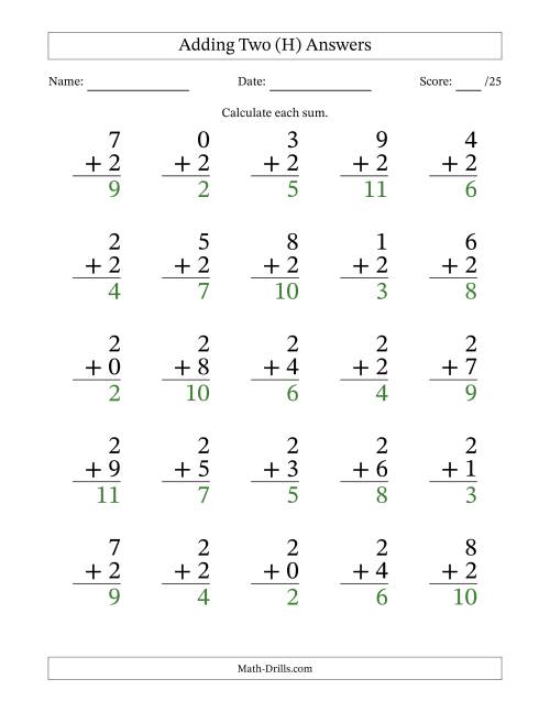 The Adding Two to Single-Digit Numbers – 25 Large Print Questions (H) Math Worksheet Page 2