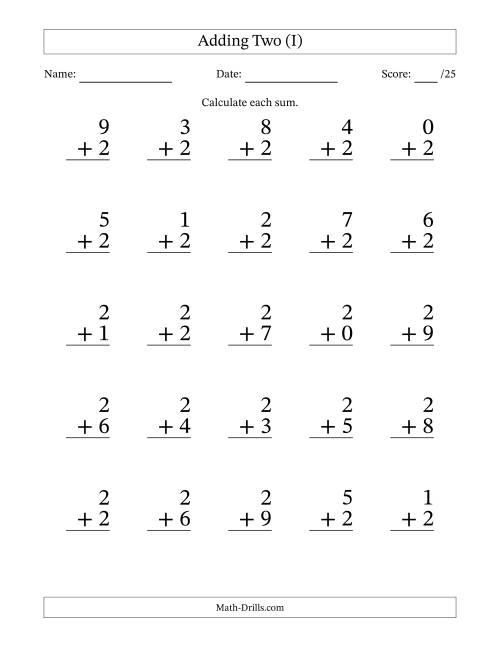 The Adding Two to Single-Digit Numbers – 25 Large Print Questions (I) Math Worksheet