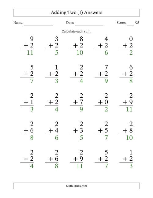 The Adding Two to Single-Digit Numbers – 25 Large Print Questions (I) Math Worksheet Page 2