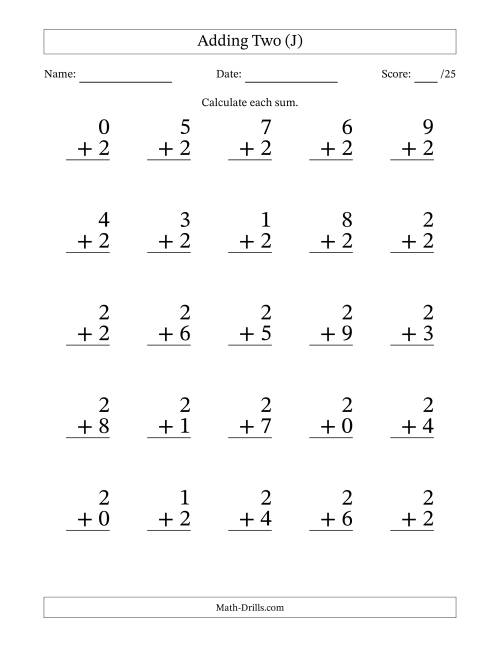 The Adding Two to Single-Digit Numbers – 25 Large Print Questions (J) Math Worksheet