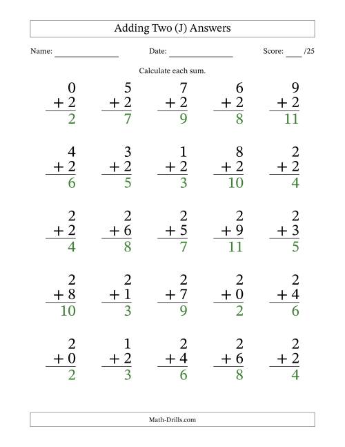 The Adding Two to Single-Digit Numbers – 25 Large Print Questions (J) Math Worksheet Page 2