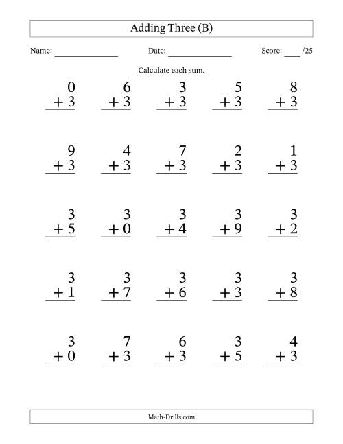 The Adding Three to Single-Digit Numbers – 25 Large Print Questions (B) Math Worksheet