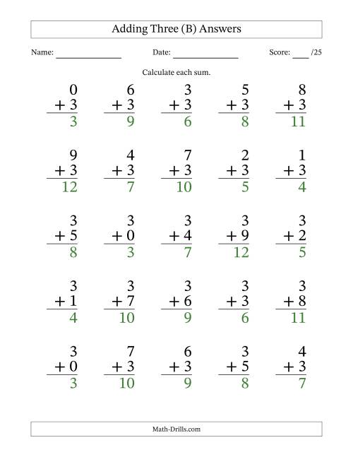 The 25 Adding Threes Questions (B) Math Worksheet Page 2
