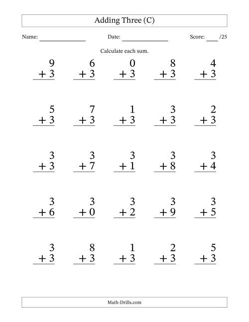The 25 Adding Threes Questions (C) Math Worksheet