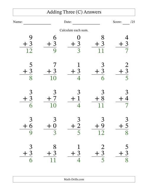 The 25 Adding Threes Questions (C) Math Worksheet Page 2
