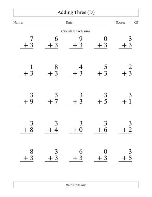 The Adding Three to Single-Digit Numbers – 25 Large Print Questions (D) Math Worksheet