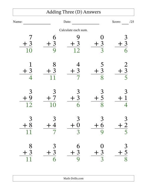 The Adding Three to Single-Digit Numbers – 25 Large Print Questions (D) Math Worksheet Page 2