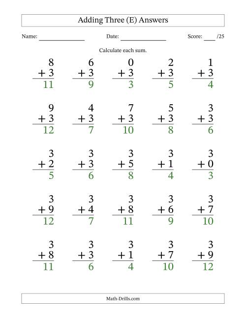 The Adding Three to Single-Digit Numbers – 25 Large Print Questions (E) Math Worksheet Page 2