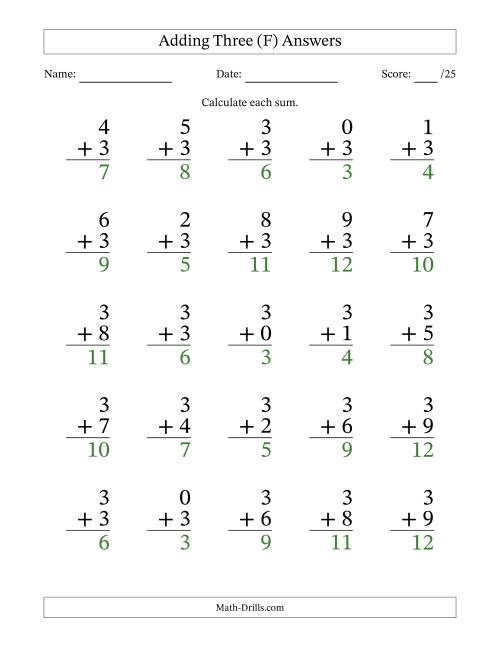 The Adding Three to Single-Digit Numbers – 25 Large Print Questions (F) Math Worksheet Page 2