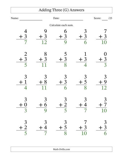 The Adding Three to Single-Digit Numbers – 25 Large Print Questions (G) Math Worksheet Page 2