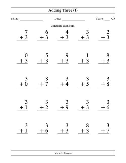 The Adding Three to Single-Digit Numbers – 25 Large Print Questions (I) Math Worksheet