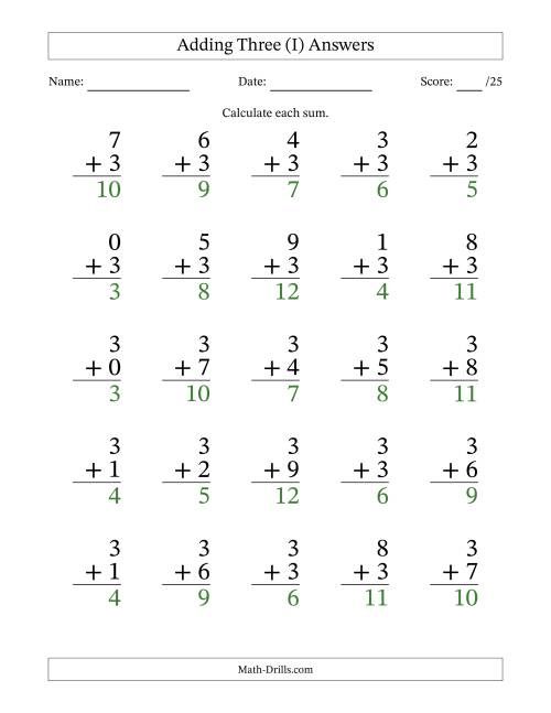 The Adding Three to Single-Digit Numbers – 25 Large Print Questions (I) Math Worksheet Page 2