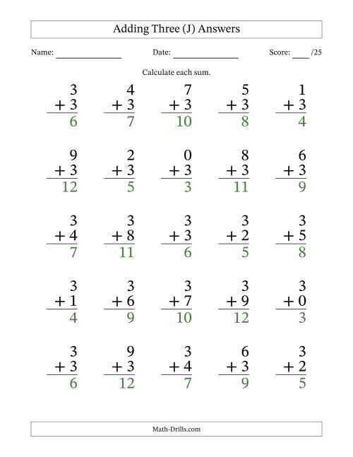 The Adding Three to Single-Digit Numbers – 25 Large Print Questions (J) Math Worksheet Page 2