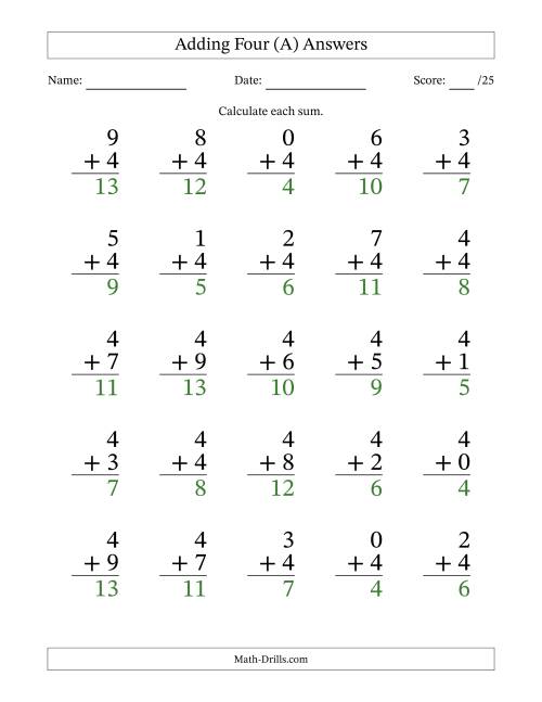 The Adding Four to Single-Digit Numbers – 25 Large Print Questions (A) Math Worksheet Page 2