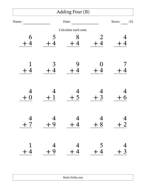 The Adding Four to Single-Digit Numbers – 25 Large Print Questions (B) Math Worksheet