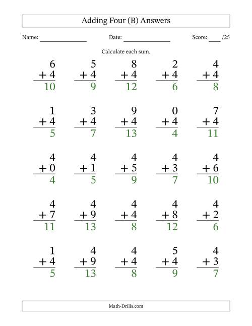 The Adding Four to Single-Digit Numbers – 25 Large Print Questions (B) Math Worksheet Page 2