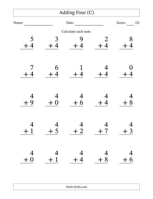 The Adding Four to Single-Digit Numbers – 25 Large Print Questions (C) Math Worksheet