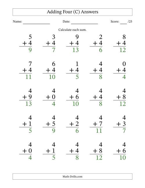 The Adding Four to Single-Digit Numbers – 25 Large Print Questions (C) Math Worksheet Page 2