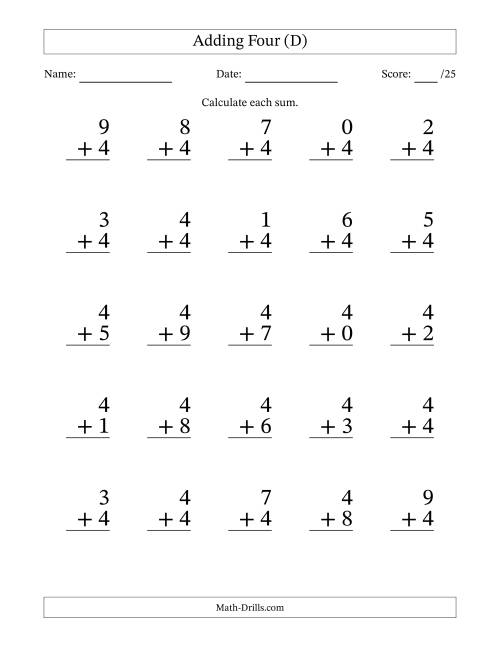 The Adding Four to Single-Digit Numbers – 25 Large Print Questions (D) Math Worksheet