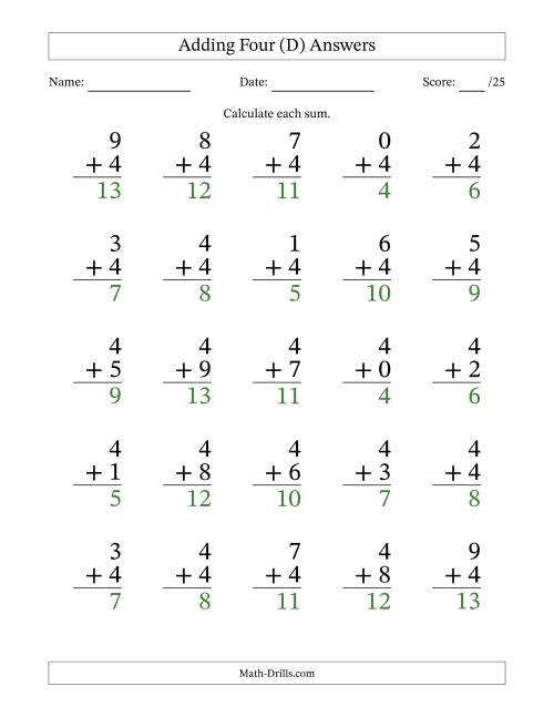 The Adding Four to Single-Digit Numbers – 25 Large Print Questions (D) Math Worksheet Page 2