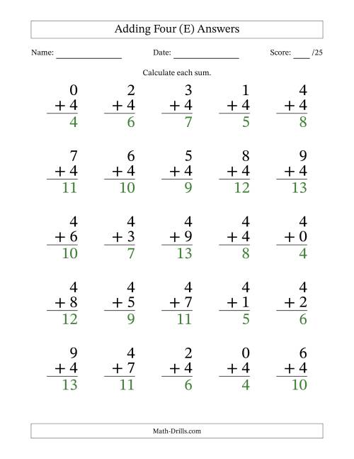 The Adding Four to Single-Digit Numbers – 25 Large Print Questions (E) Math Worksheet Page 2