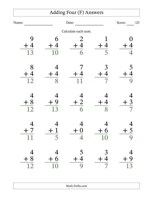 The Adding Four to Single-Digit Numbers – 25 Large Print Questions (F) Math Worksheet Page 2