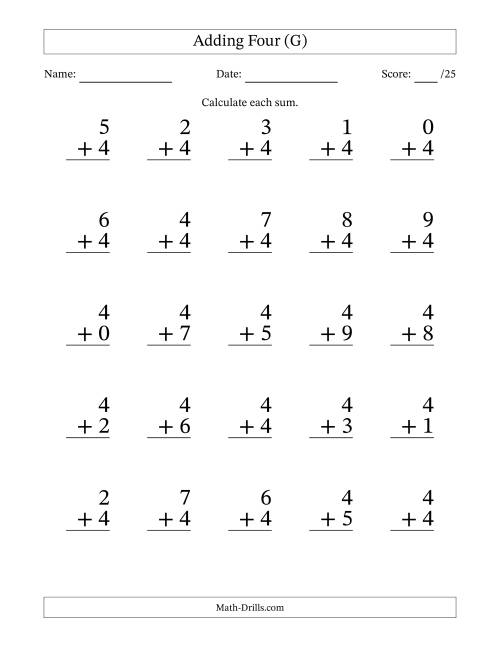 The Adding Four to Single-Digit Numbers – 25 Large Print Questions (G) Math Worksheet