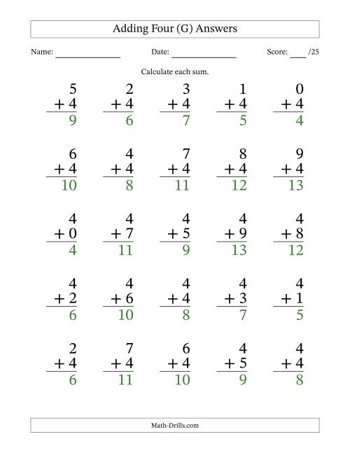 The Adding Four to Single-Digit Numbers – 25 Large Print Questions (G) Math Worksheet Page 2
