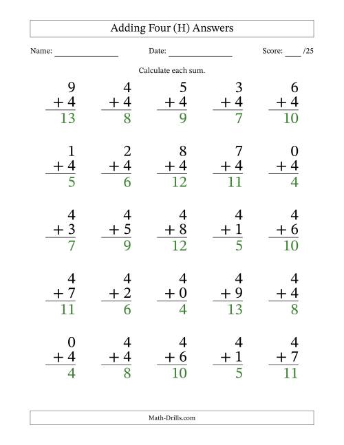 The Adding Four to Single-Digit Numbers – 25 Large Print Questions (H) Math Worksheet Page 2