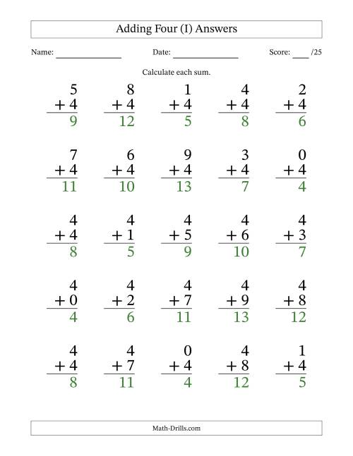 The Adding Four to Single-Digit Numbers – 25 Large Print Questions (I) Math Worksheet Page 2