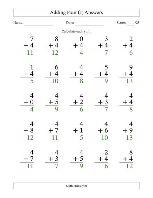 The Adding Four to Single-Digit Numbers – 25 Large Print Questions (J) Math Worksheet Page 2