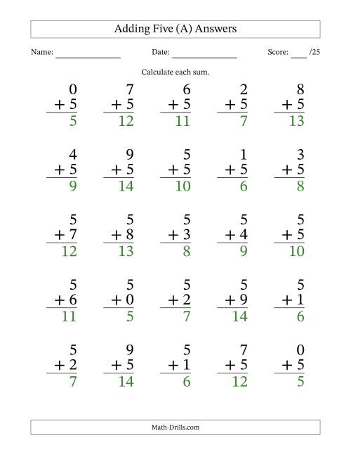 The Adding Five to Single-Digit Numbers – 25 Large Print Questions (A) Math Worksheet Page 2