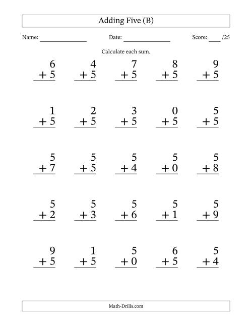 The Adding Five to Single-Digit Numbers – 25 Large Print Questions (B) Math Worksheet