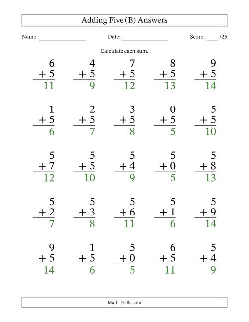 The Adding Five to Single-Digit Numbers – 25 Large Print Questions (B) Math Worksheet Page 2