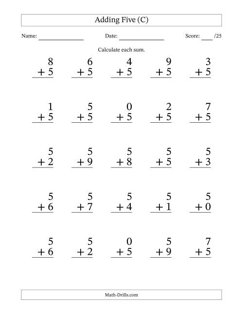 The Adding Five to Single-Digit Numbers – 25 Large Print Questions (C) Math Worksheet
