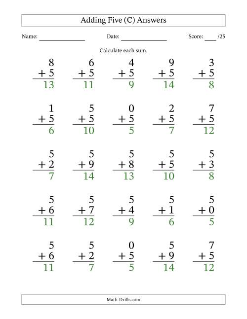 The Adding Five to Single-Digit Numbers – 25 Large Print Questions (C) Math Worksheet Page 2