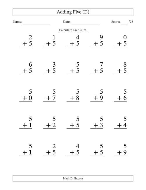 The Adding Five to Single-Digit Numbers – 25 Large Print Questions (D) Math Worksheet