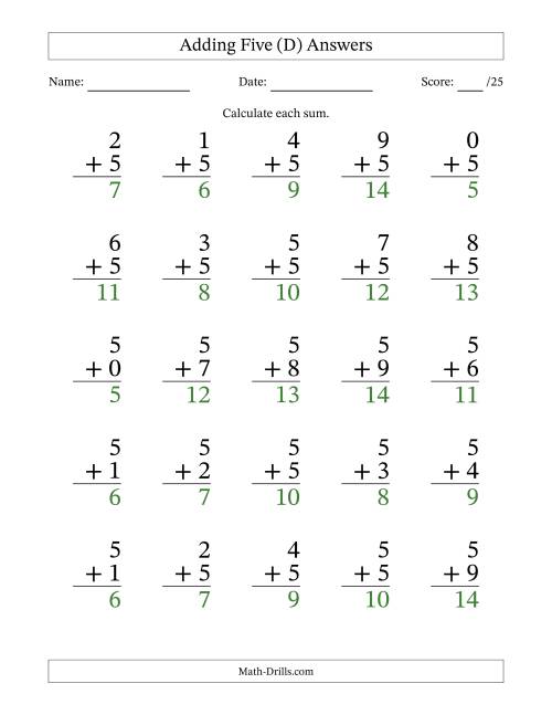 The Adding Five to Single-Digit Numbers – 25 Large Print Questions (D) Math Worksheet Page 2