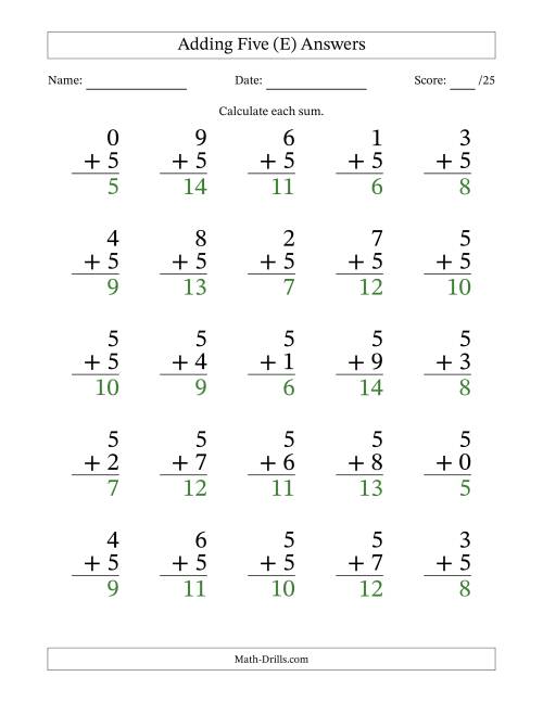 The Adding Five to Single-Digit Numbers – 25 Large Print Questions (E) Math Worksheet Page 2
