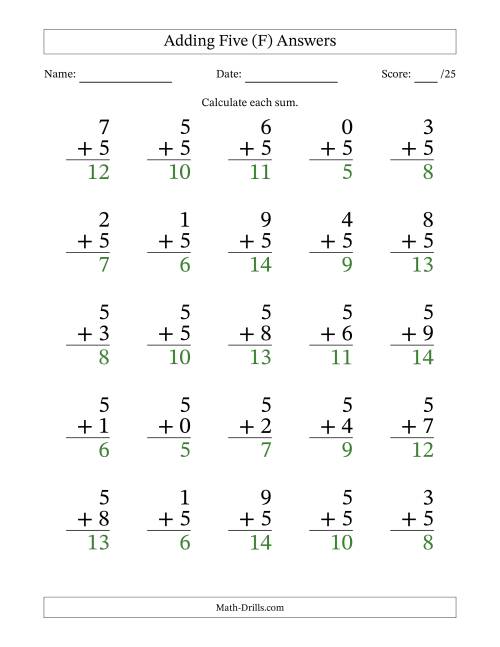 The Adding Five to Single-Digit Numbers – 25 Large Print Questions (F) Math Worksheet Page 2