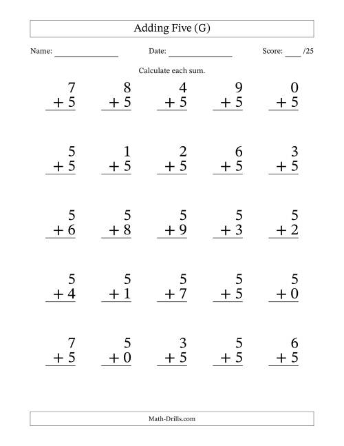 The Adding Five to Single-Digit Numbers – 25 Large Print Questions (G) Math Worksheet