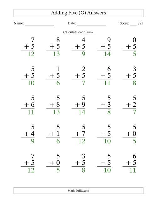 The Adding Five to Single-Digit Numbers – 25 Large Print Questions (G) Math Worksheet Page 2