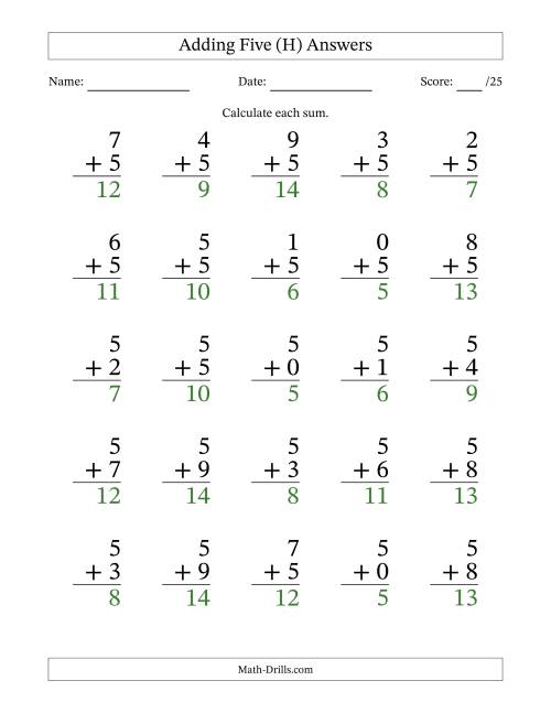 The Adding Five to Single-Digit Numbers – 25 Large Print Questions (H) Math Worksheet Page 2