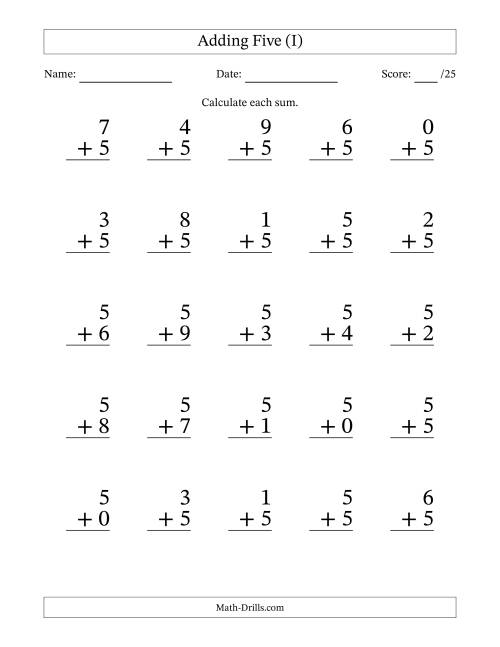 The Adding Five to Single-Digit Numbers – 25 Large Print Questions (I) Math Worksheet
