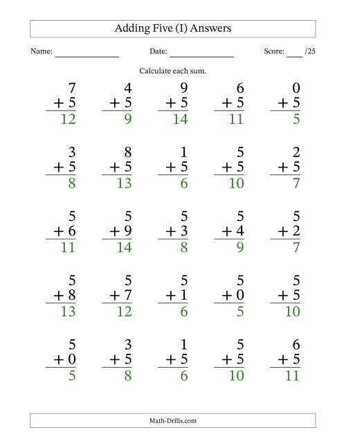 The Adding Five to Single-Digit Numbers – 25 Large Print Questions (I) Math Worksheet Page 2