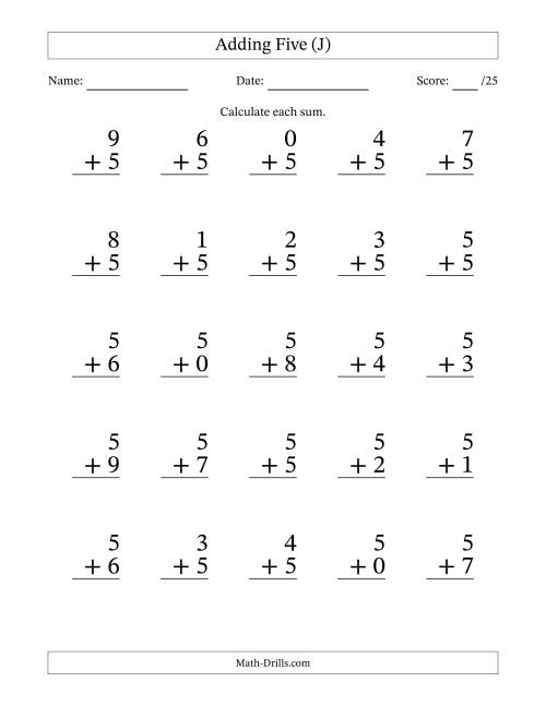 The Adding Five to Single-Digit Numbers – 25 Large Print Questions (J) Math Worksheet